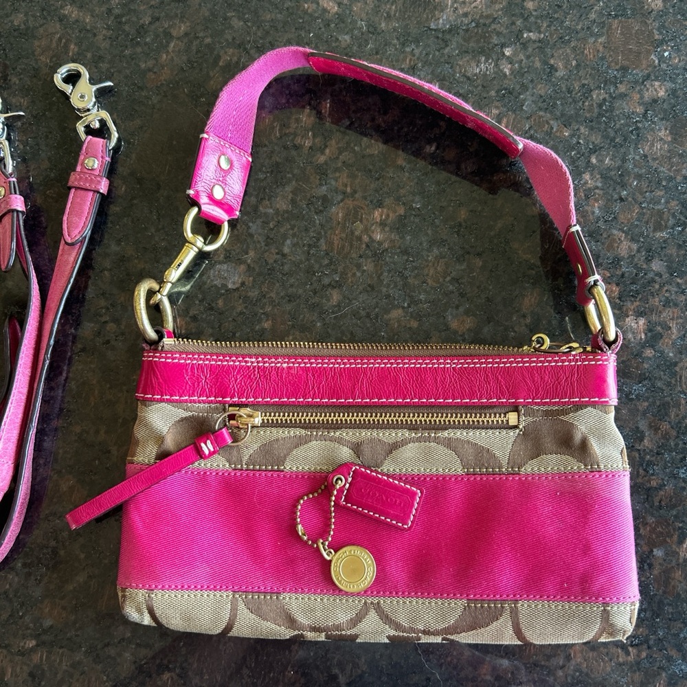 Coach Hot Pink Signature Canvas & Leather Wristlet